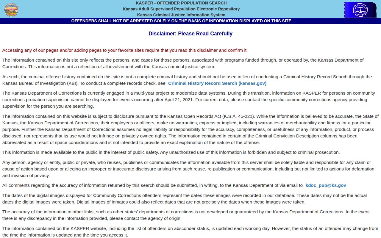 Clay County released inmates KASPER offender search disclaimer
