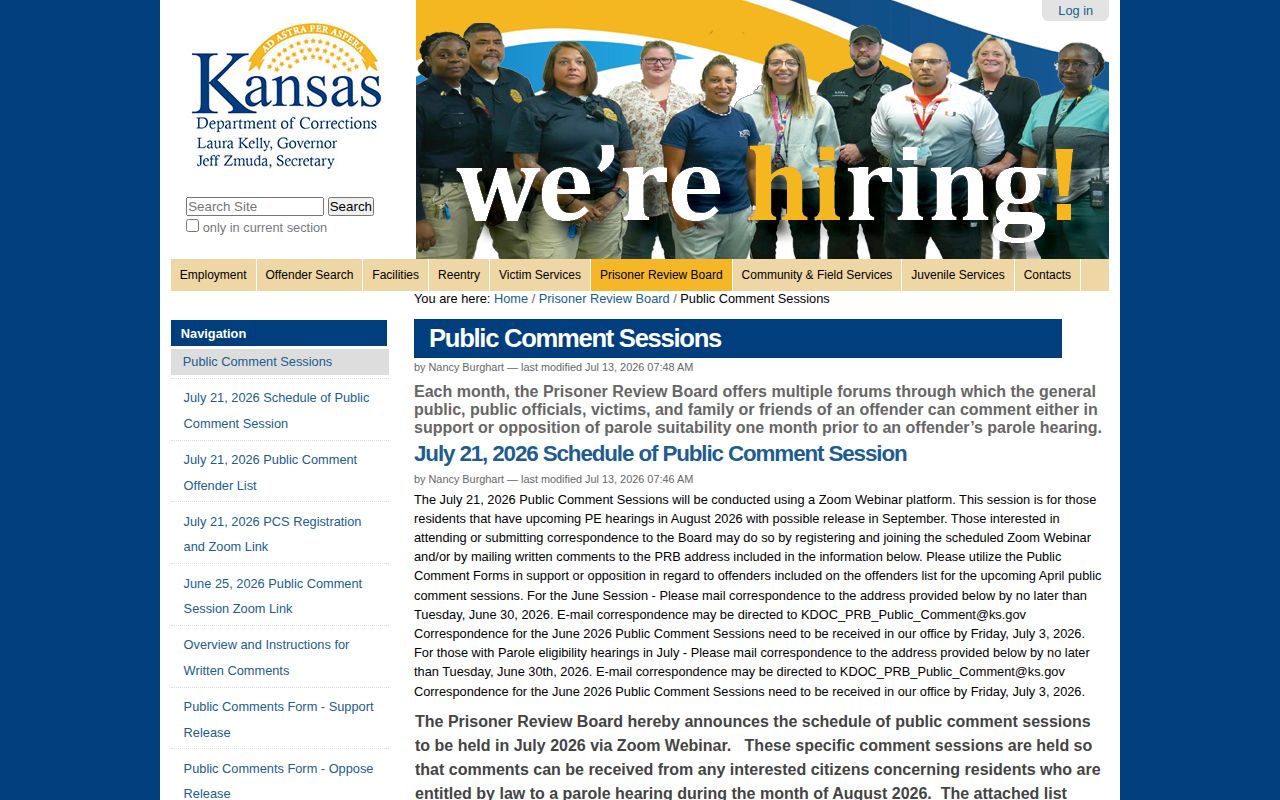 Kansas Prisoner Review Board public comment session information